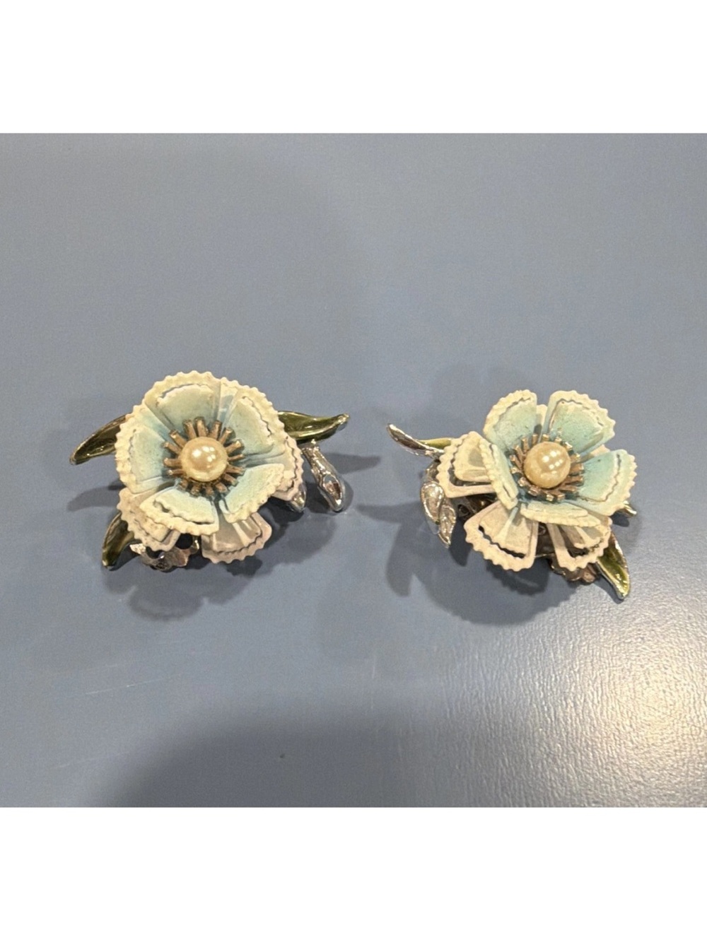Vintage Cream & Light Blue Floral Clip-On Earrings by Vintage